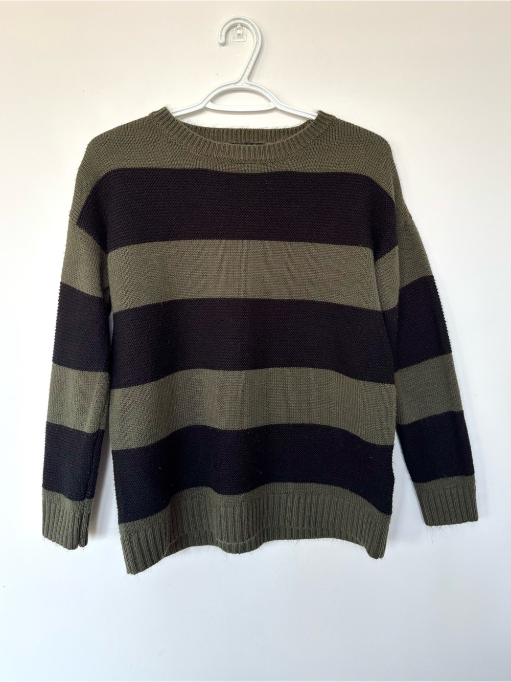 Women's Olive & Black Striped Crewneck Grunge Sweater